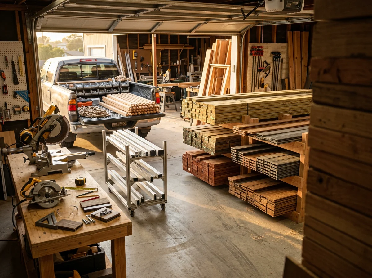 A well-organized deck building shop with tools, materials, and equipment ready for construction projects.