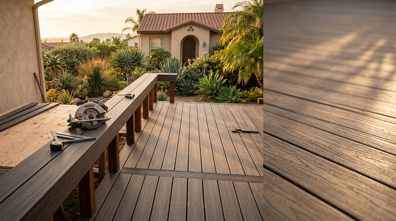 Custom wood deck with railings overlooking a San Diego backyard