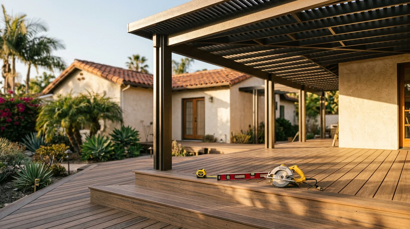 Designer reviewing outdoor deck and patio plans with a San Diego homeowner