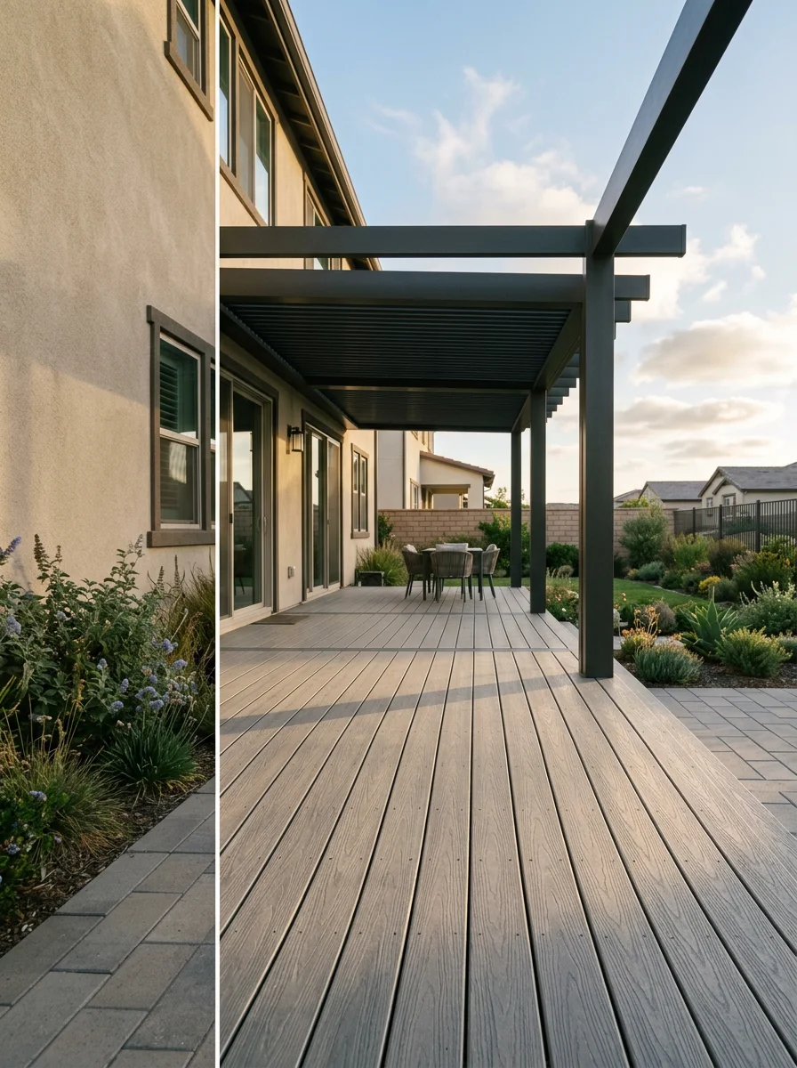 Composite deck with aluminum patio cover on a newer Bressi Ranch home in Carlsbad, showing a flat rear yard and clean architectural lines.