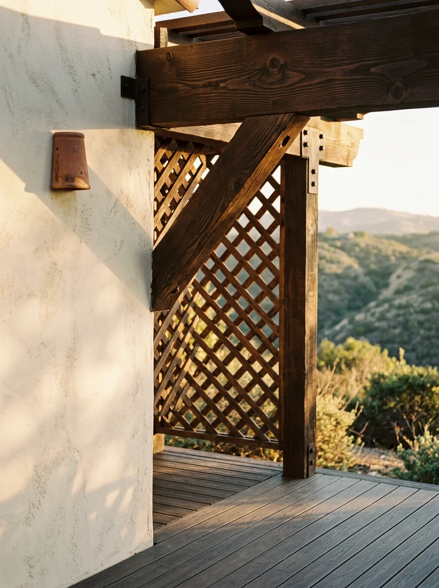Close-up of a wood patio cover attached to a Spanish-style Carmel Valley home, with a composite deck and canyon views in the background.