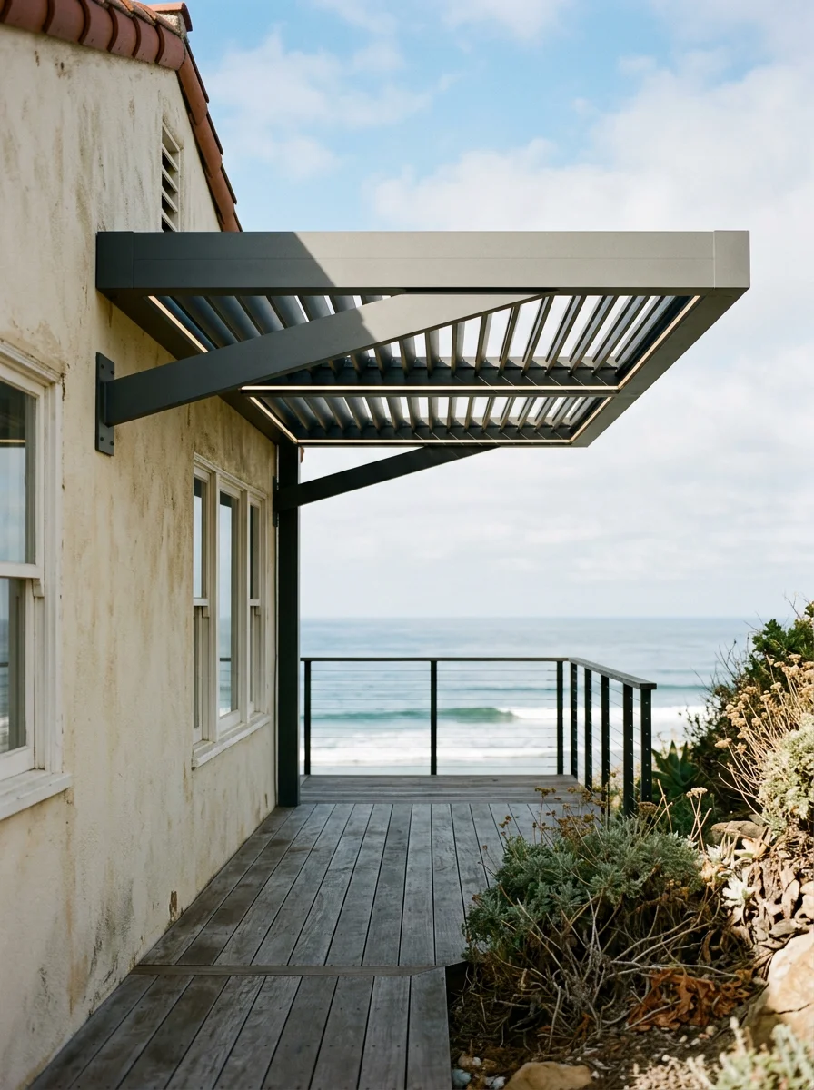 Cantilevered aluminum patio cover attached to a Del Mar beach cottage in Olde Del Mar, covering a small rear deck with ocean wind exposure.