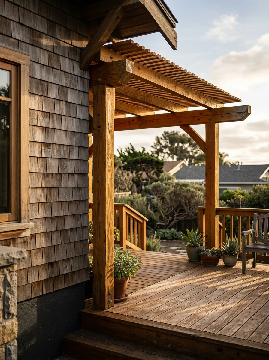Wood patio cover attached to a craftsman-style Leucadia home, with a stained wood deck and view of the surrounding neighborhood.