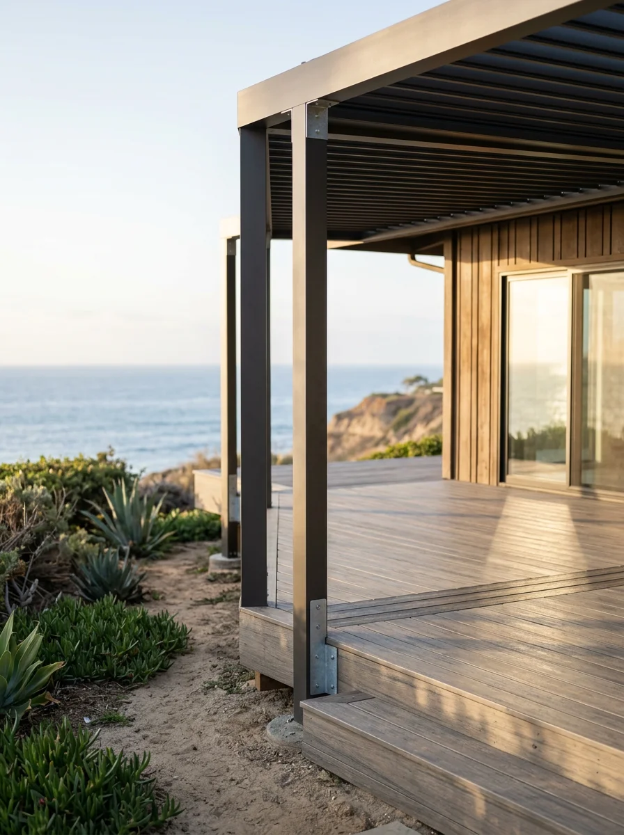 Aluminum patio cover attached to a mid-century Bird Rock home in La Jolla, with a composite deck and ocean-facing orientation.