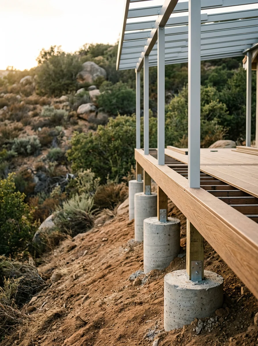 Composite deck with aluminum patio cover on a North Poway hillside home, with engineered footings visible on a sloped rear yard.