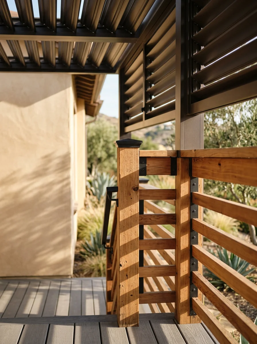 Close-up of a wood deck railing system on an inland San Diego County home with a louvered patio cover overhead.