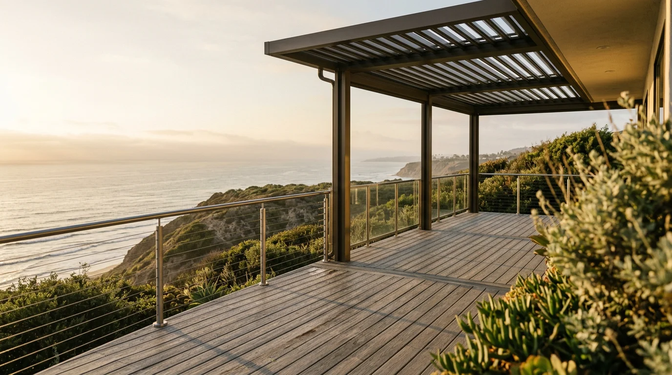 Wide composite deck with aluminum patio cover on a San Diego County coastal property, showing ocean views and corrosion-resistant railing hardware.