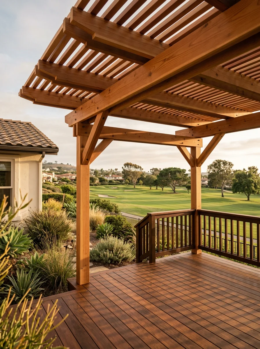 Wood patio cover on a Lomas Santa Fe home in Solana Beach, with a stained wood deck and golf course views in the background.