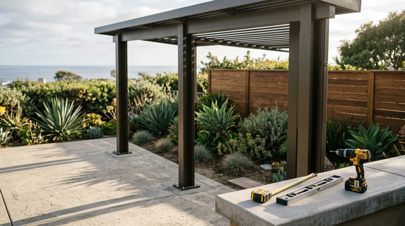 A newly installed aluminum patio cover attached to the back of a single-story home in San Diego County, providing full shade over an outdoor seating area. The powder-coated aluminum structure features a solid roof panel and clean trim lines that complement the home's exterior.