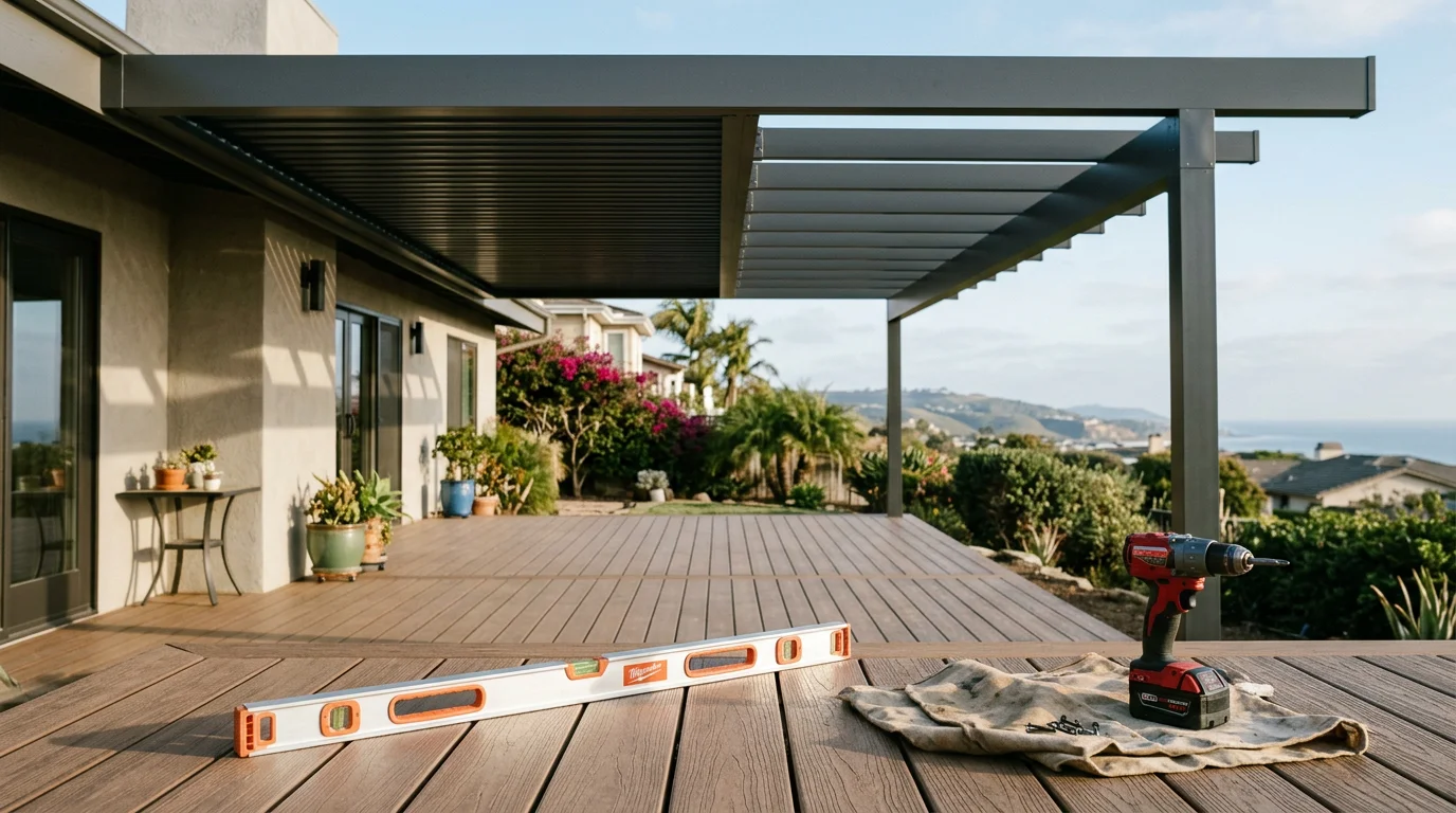 A cantilevered patio cover installed on a San Diego County home, showing a clean post-free front span extending over an outdoor patio with no support columns obstructing the space below. The rear-anchored structure provides full shade coverage while keeping the backyard open and uncluttered.