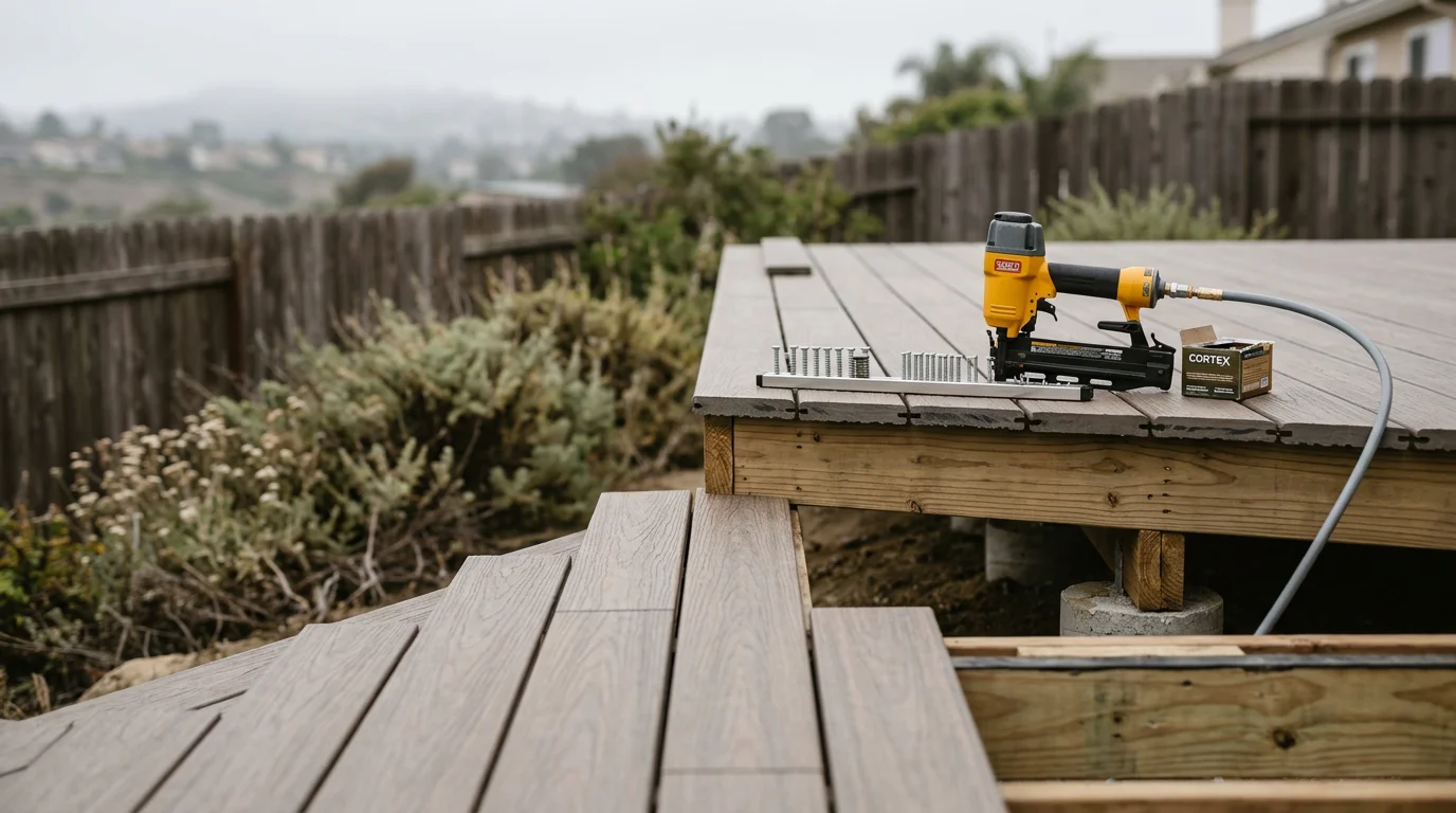 A finished composite deck installed on a San Diego County home, showing clean board lines and a low-maintenance surface suited to the coastal climate. The deck extends from the rear of the home with a view of a landscaped backyard typical of communities like Encinitas or Carmel Valley.
