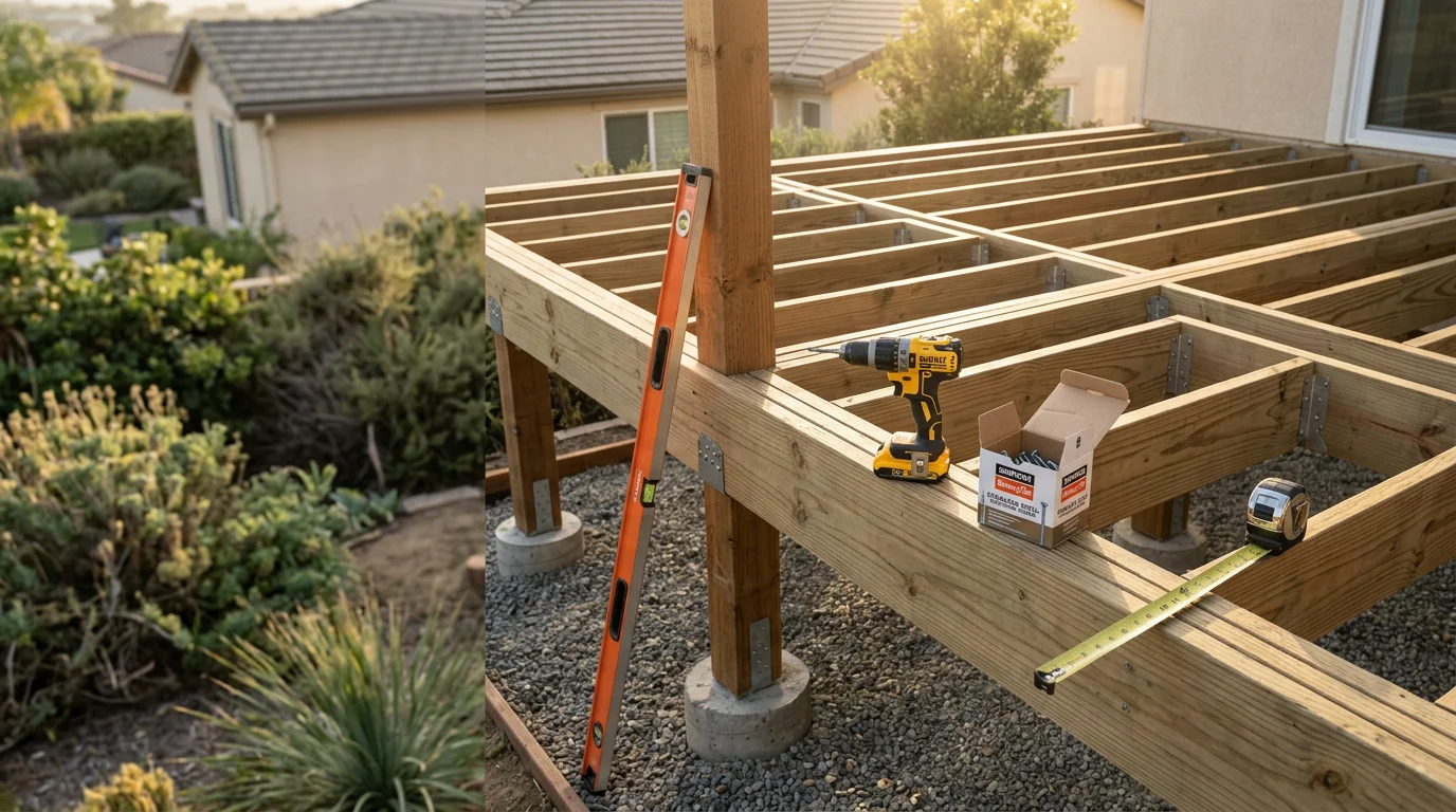 A newly built wood deck attached to a single-family home in San Diego County, with clean framing and open backyard space visible. The deck extends from the rear of the house toward a landscaped yard under a clear Southern California sky.