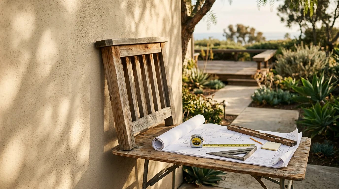 A deck design plan laid out on a table with a San Diego County backyard visible in the background. A designer reviews layout options with a homeowner for a custom deck on a residential lot.