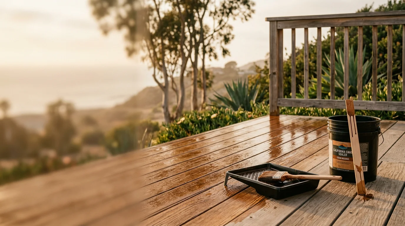A freshly finished wood deck on a San Diego County home, showing an even, clean stain coat across the deck boards with no peeling or weathering. The deck overlooks a sunny backyard typical of residential properties in areas like Carmel Valley or Encinitas.