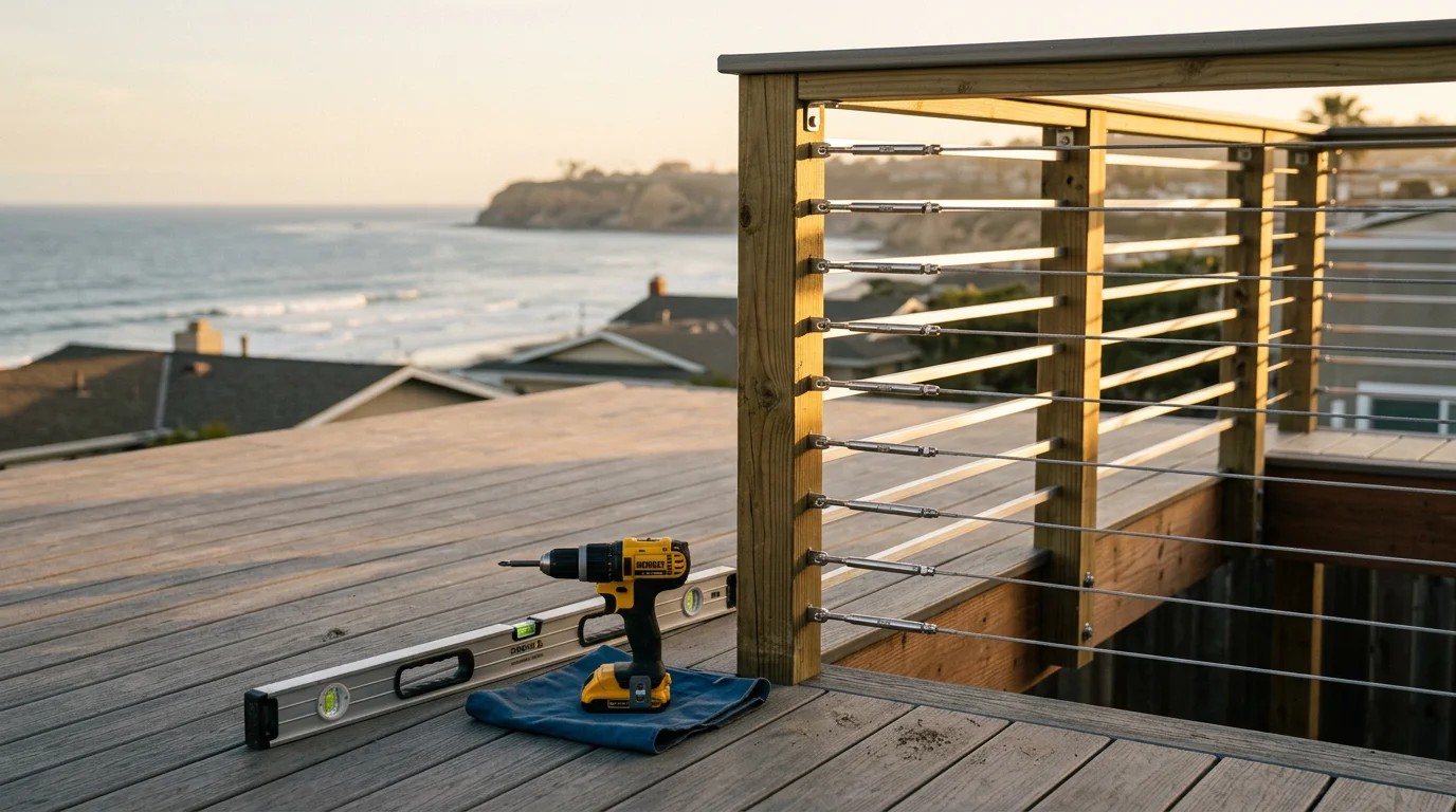 Newly installed deck railing on a residential outdoor deck in San Diego County, with clean post lines and a finished top rail visible against a coastal Southern California sky. The railing runs the full perimeter of an elevated wood deck attached to a single-family home.