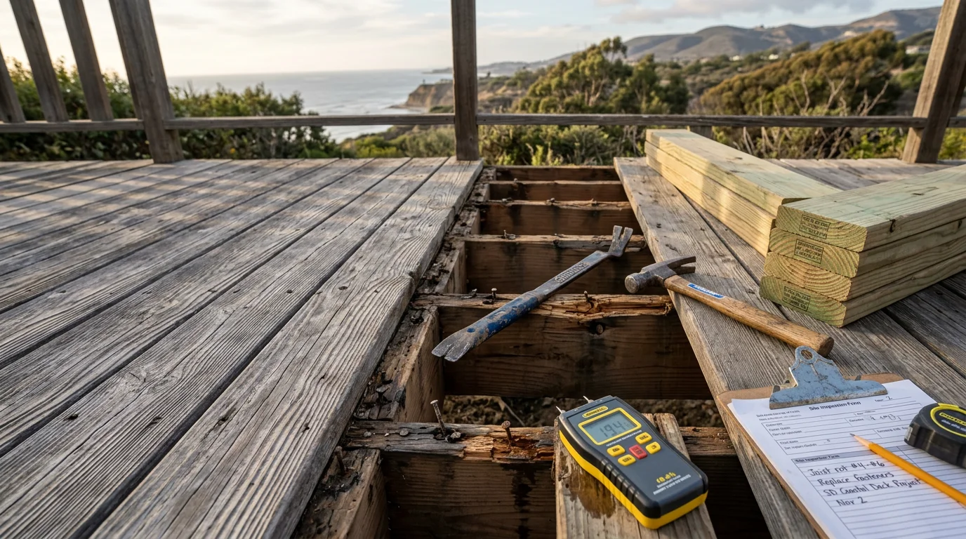 A repaired wood deck on a San Diego County home with replaced boards and reinforced framing visible along the structure. Coastal neighborhood setting with clear sky in the background.