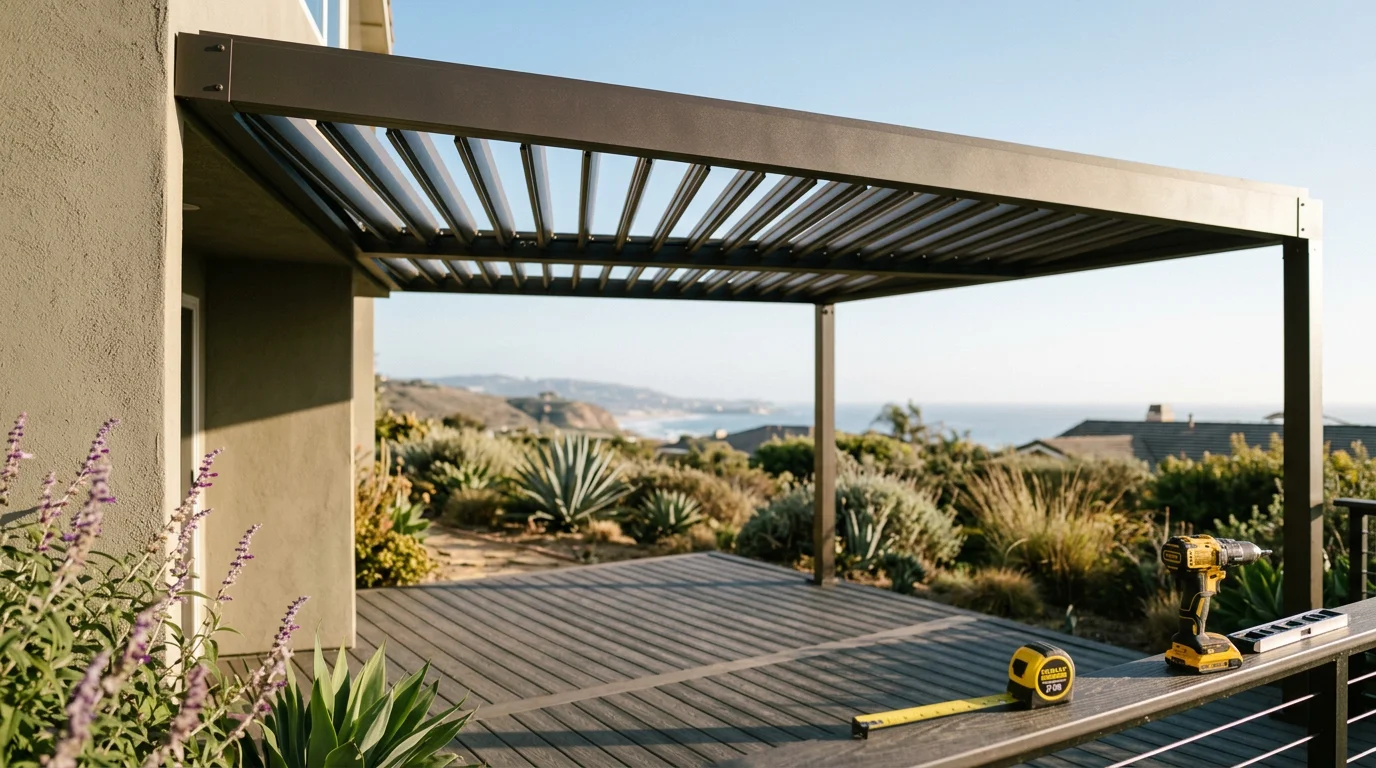 A louvered patio cover installed on a San Diego County home with adjustable aluminum slats angled to provide partial shade over an outdoor patio. The backyard setting reflects the coastal residential style common across areas like Encinitas and Carmel Valley.