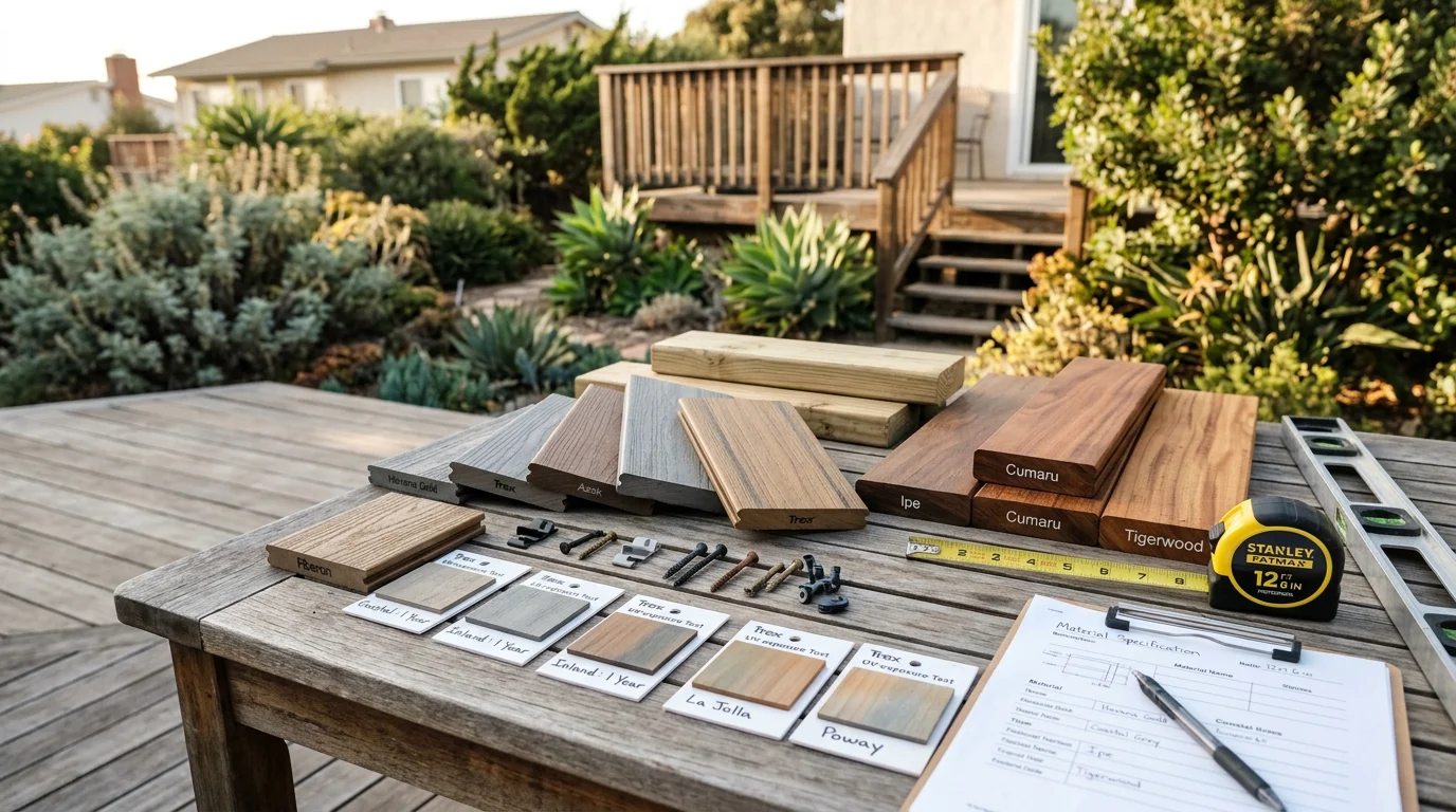 A Fraser Decks And Patio Covers designer reviewing material samples with a homeowner at an outdoor property in San Diego County. Surface options are laid out on a patio table with the home's exterior visible in the background.