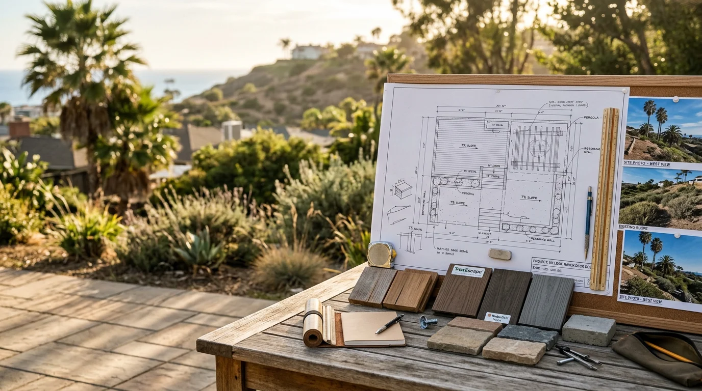 A planned outdoor living area on a San Diego County residential property showing a deck and patio cover positioned to work together across a sloped backyard. The layout reflects the kind of zone-based outdoor space planning Fraser Decks And Patio Covers provides to homeowners in areas like Poway, Carmel Valley, and Encinitas.