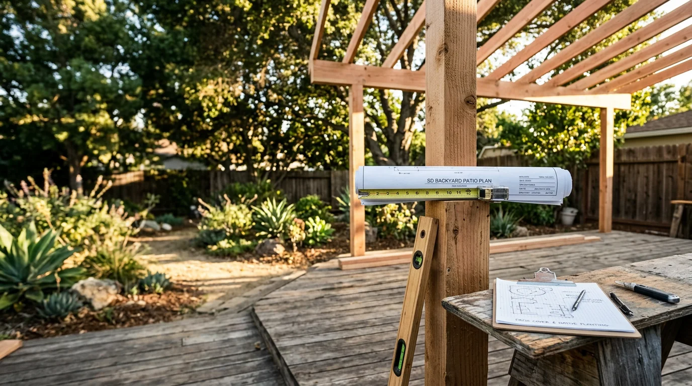 A patio cover design consultation in progress at a San Diego County home, showing a designer reviewing a backyard layout with a homeowner. The outdoor space features an open patio area with the home's rear exterior visible in the background.