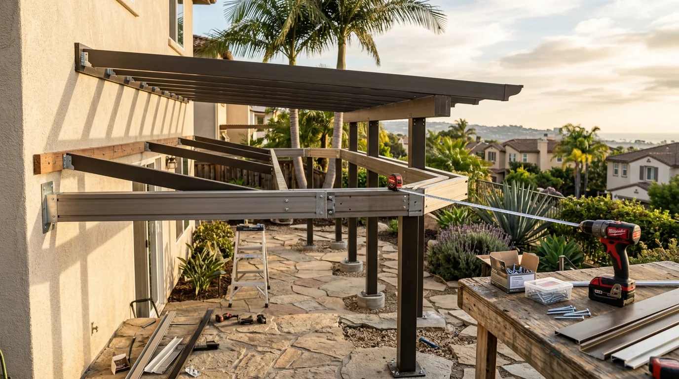 A newly installed solid-roof patio cover attached to the back of a single-story home in San Diego County, providing full shade over a concrete patio. The structure features clean post anchoring and trim work consistent with residential installation standards in the area.