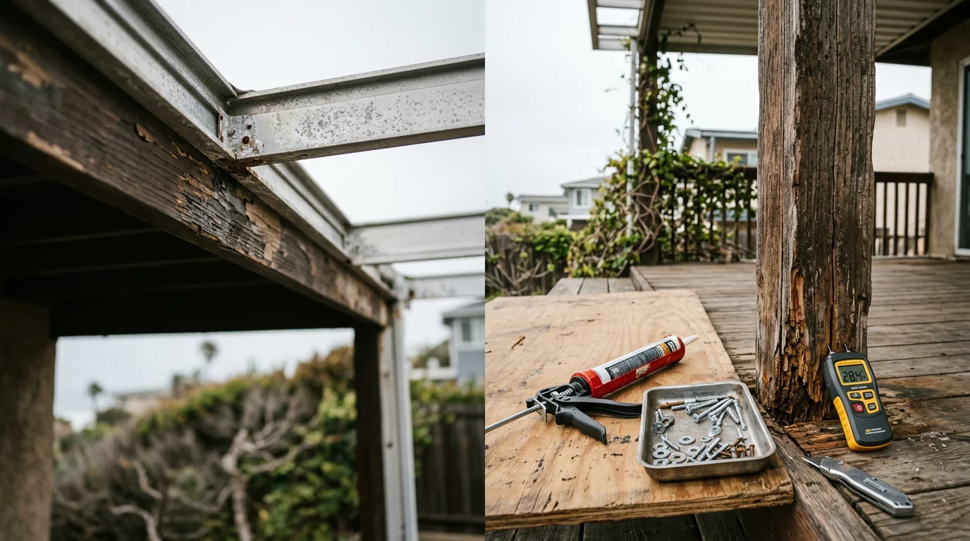 A repaired residential patio cover in San Diego County showing restored wood framing, solid post connections, and a clean finished surface attached to the back of a single-story home. The surrounding yard reflects the coastal Southern California setting typical of areas like Encinitas and Carmel Valley.