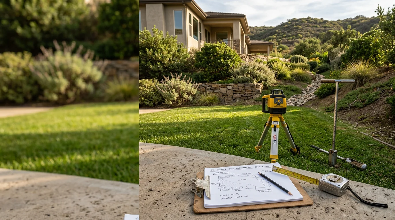 A Fraser Decks And Patio Covers professional reviewing a sloped residential backyard in San Diego County during an outdoor site assessment. The image shows the yard's grade, drainage path, and proximity to the home's exterior wall being evaluated for a future deck or patio cover project.